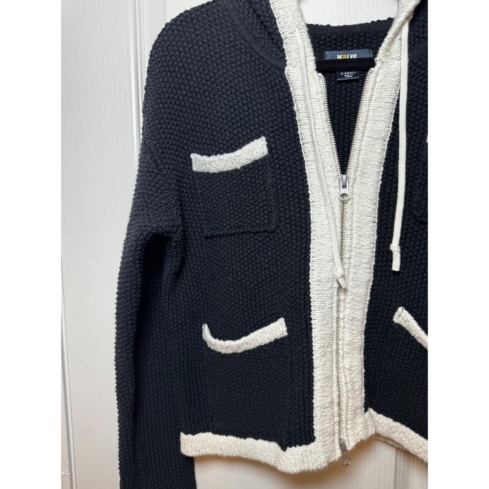 Maeve Anthropologie Black White Contrast Trim Zip Up Hooded Cardigan - Picture 5 of 7